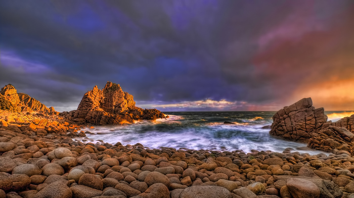 evening, sunset, ocean, rocks, sky, coast, nature, stones, surf