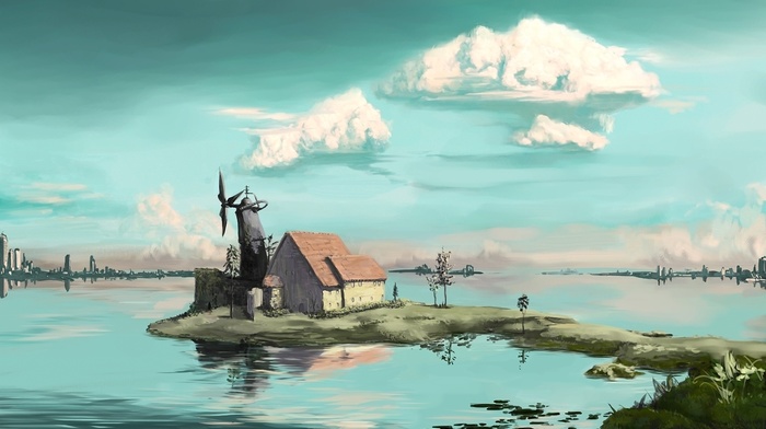 house, art, trees, landscape, anime, lake