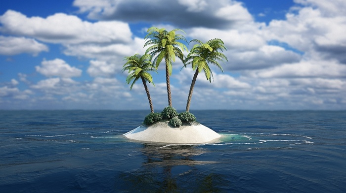 art, sea, ocean, palm trees, island, 3D, sand