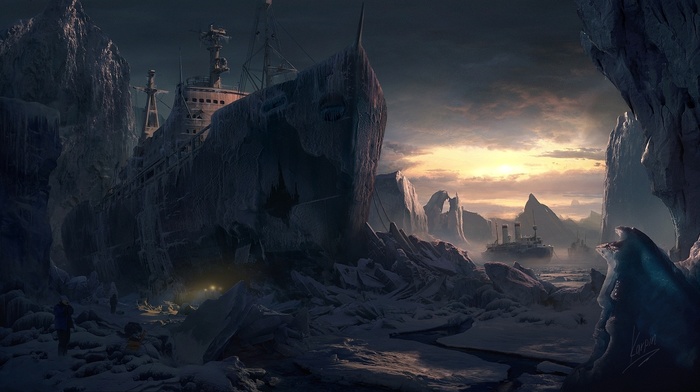 cold, fantasy, ships, people, snow, art