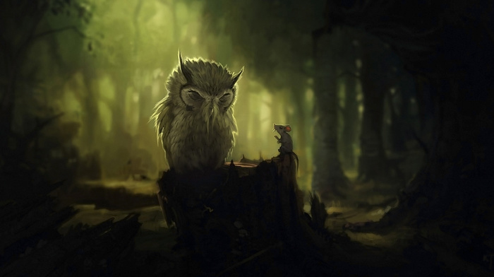 owl, forest, trees, fantasy