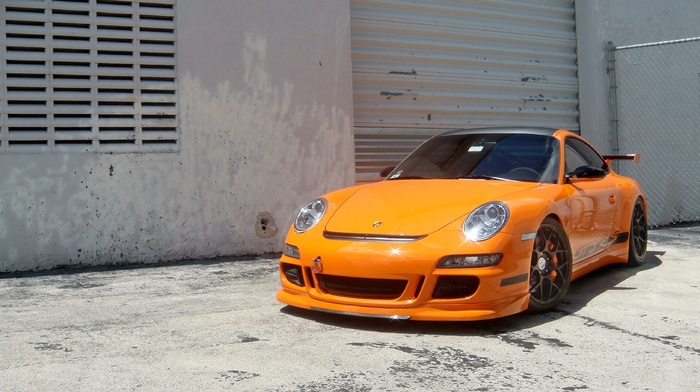 orange, cars, Porsche, building