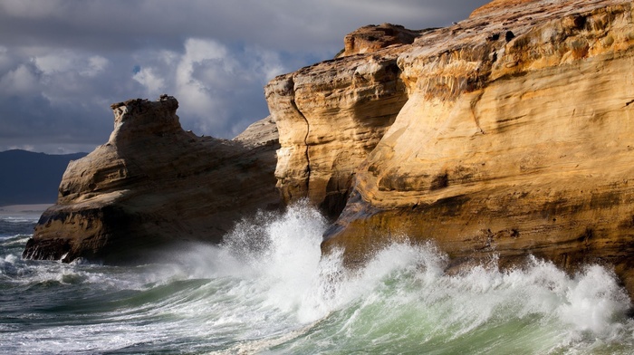 cliff, rocks, element, sea, surf, waves, nature