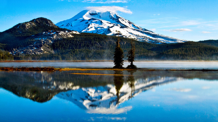 reflection, lake, forest, sky, clouds, nature