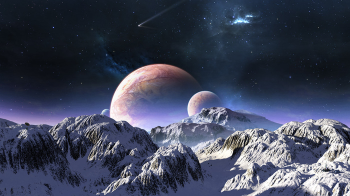 planets, stars, snow, sky, mountain, space