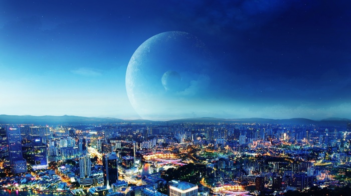 3D, city, moon