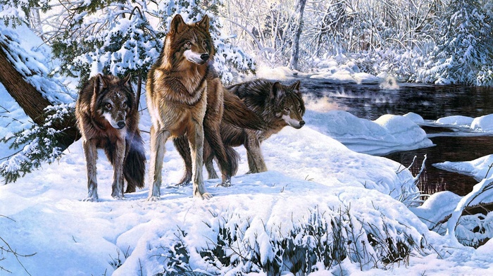 animals, forest, winter, river, art, snow