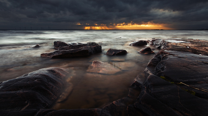 evening, sea, nature, rays, sky