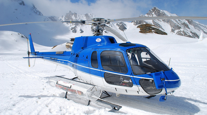 snow, sky, helicopter, mountain, blue, aircraft