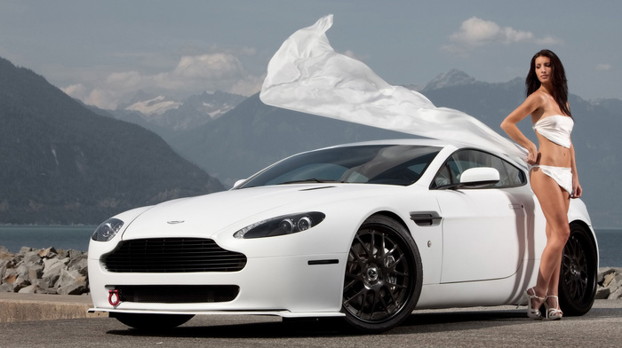 girl, cars, white, Aston Martin