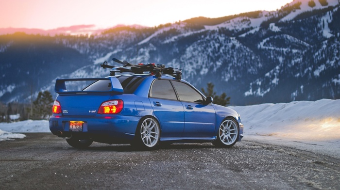 snow, cars, mountain, Subaru, evening