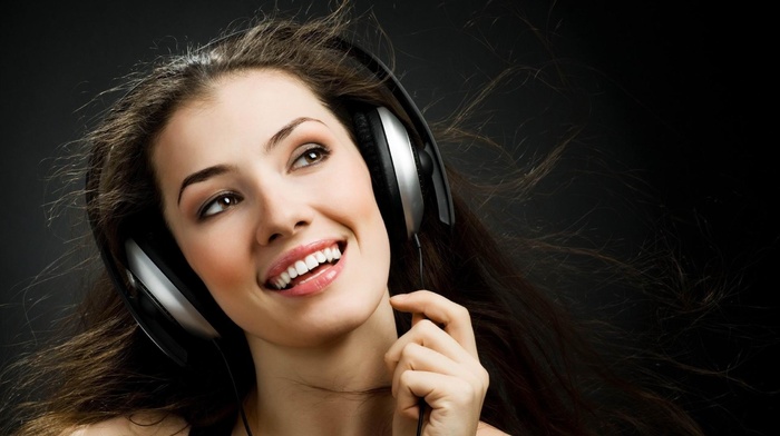 girl, hair, music, smiling, headphones