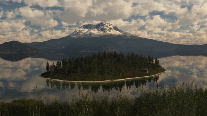 nature, 3D, lake, trees, island, art