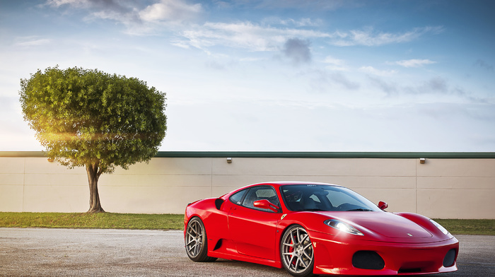 red, tree, ferrari, clouds, sky, cars