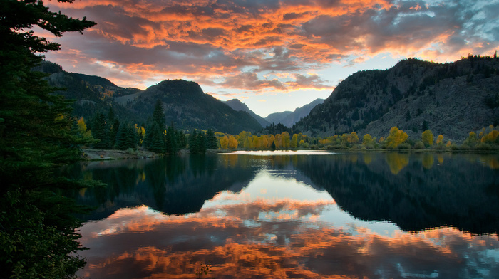 mountain, sky, lake, forest, clouds, autumn, nature