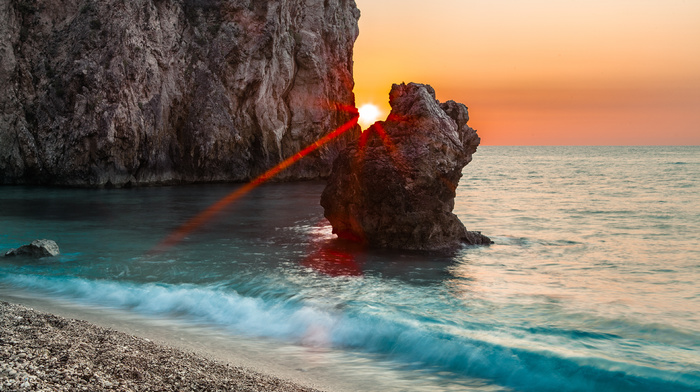 rocks, nature, sunset, sea