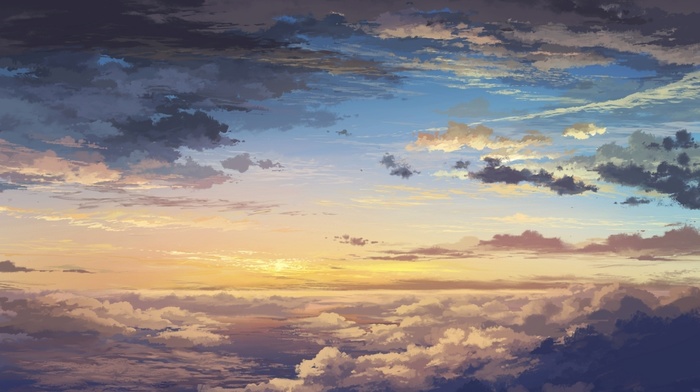sky, 3D, clouds, landscape, sunset, art, height