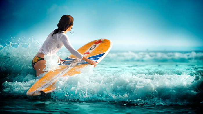 surfing, water, sports, waves, sea, girl