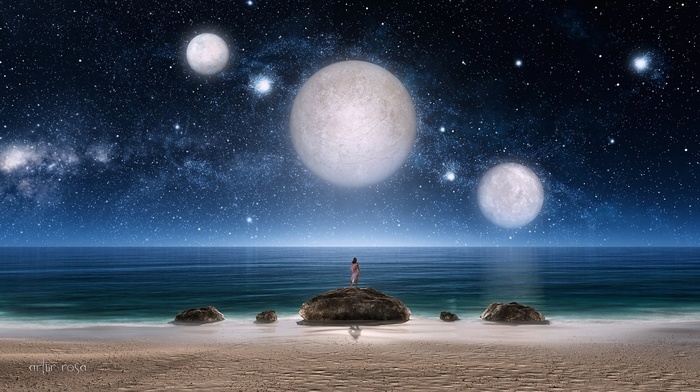 girl, 3D, night, stones, art, sea