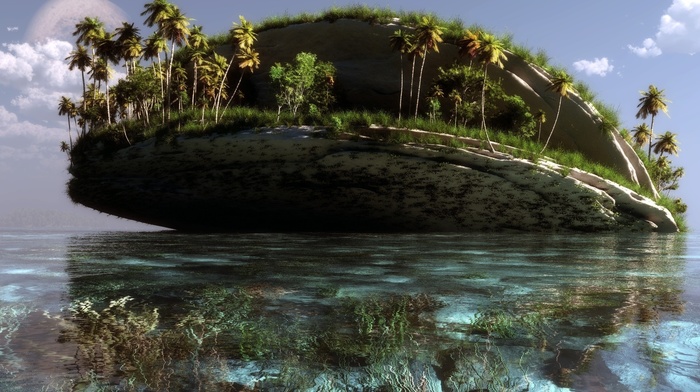 island, water, sea, palm trees, landscape, art, 3D, rocks