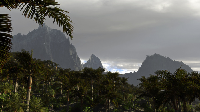 clouds, 3D, art, palm trees, nature, mountain