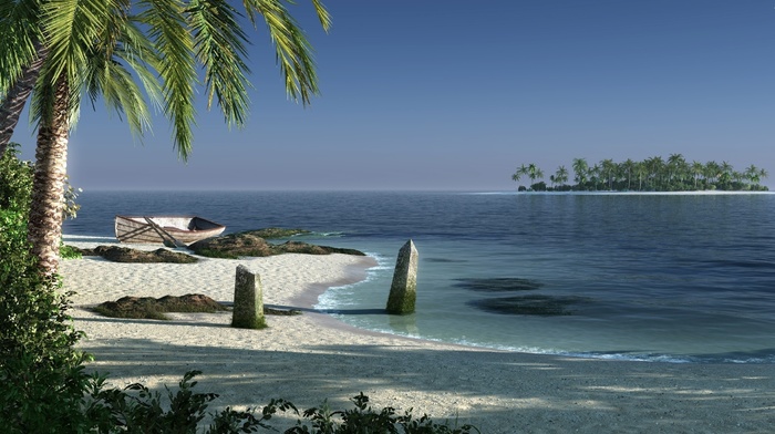 art, palm trees, 3D, island, water, sea, nature