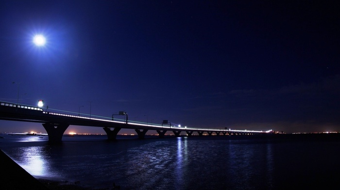 moon, cities, lights, light, night, city, bridge