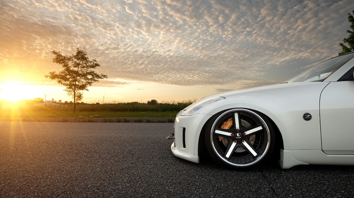 cars, white, Nissan, Sun, sunset