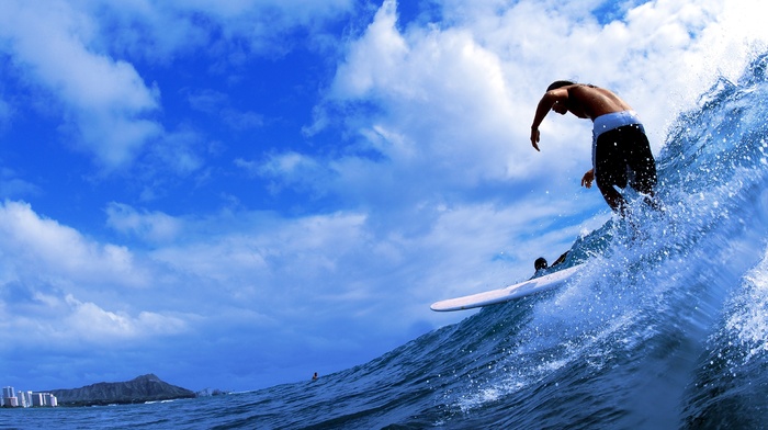 splash, sea, surfing, clouds, sports, boy, wave