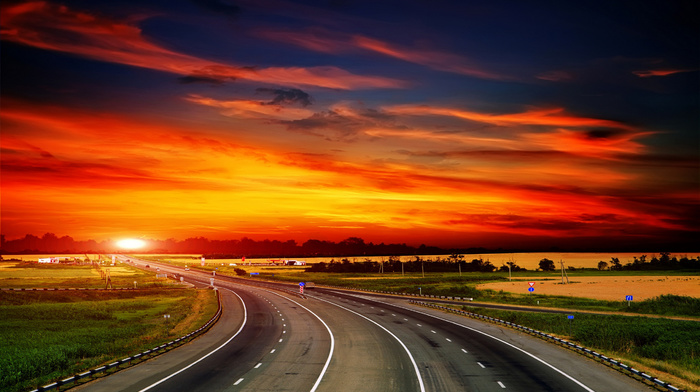 sunset, field, beauty, road, stunner
