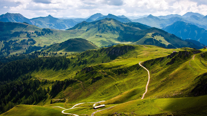 nature, landscape, sky, clouds, mountain, road