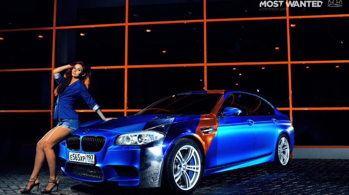 night, cars, bmw, blue, auto, girl