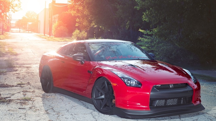 trees, cars, red, evening, Nissan, sunset