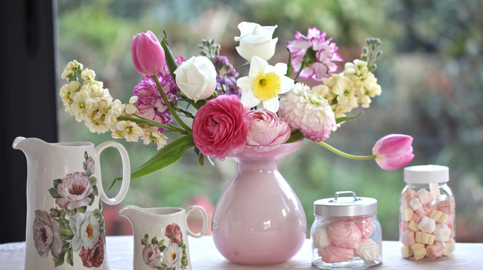 vase, flowers, bouquet, tulips