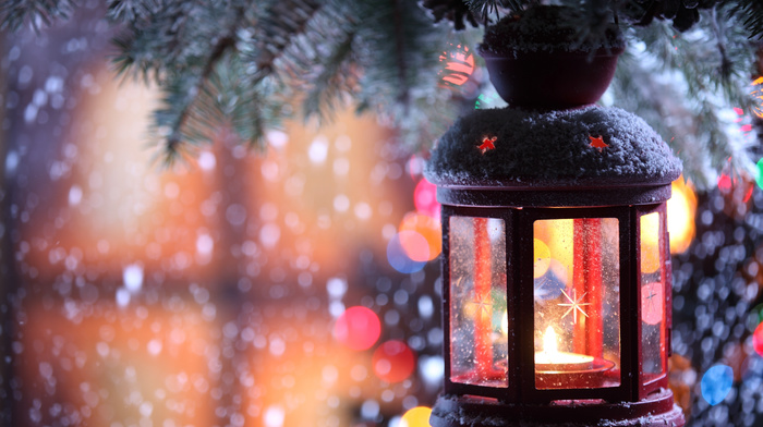 candle, snowflakes, branch, snow, winter, stunner