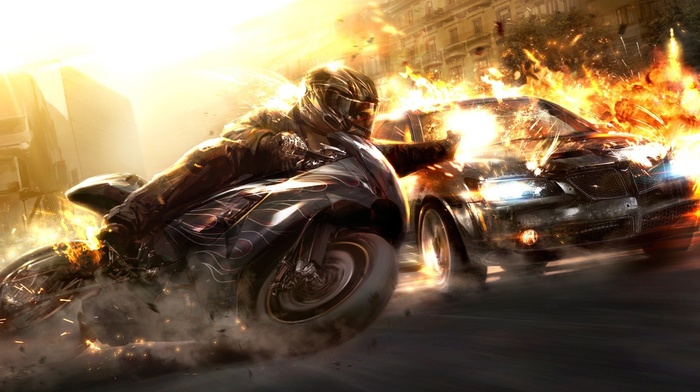 art, automobile, motorcycle, flame, 3D