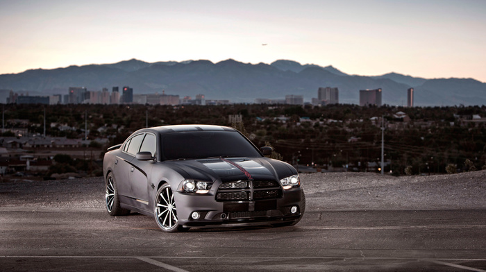 cars, black, road, city, Dodge, mountain