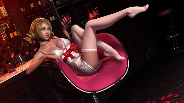 wineglass, girl, wine, video games, art, thigh-highs