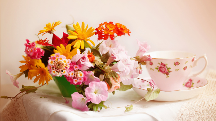 cup, flowers, bouquet