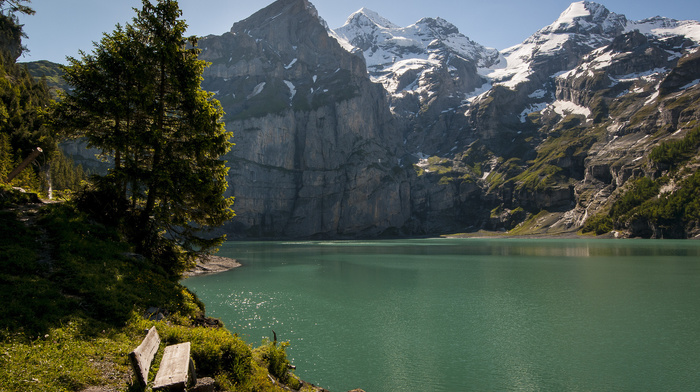 lake, trees, Switzerland, nature, bench, mountain