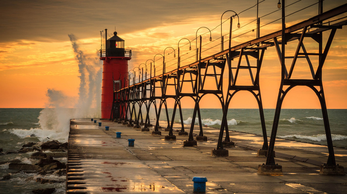 water, lighthouse, pier, stunner, sky, waves, USA