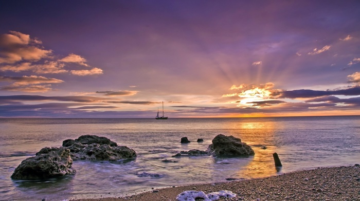 landscape, sunset, ship, nature, sea