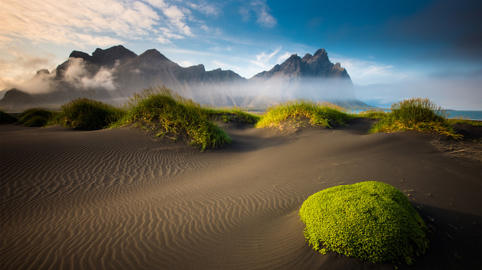 clouds, sand, beach, mountain, sea, moss, Iceland, nature