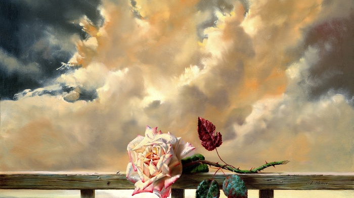 sky, flower, clouds, rose, lodge, stunner, painting