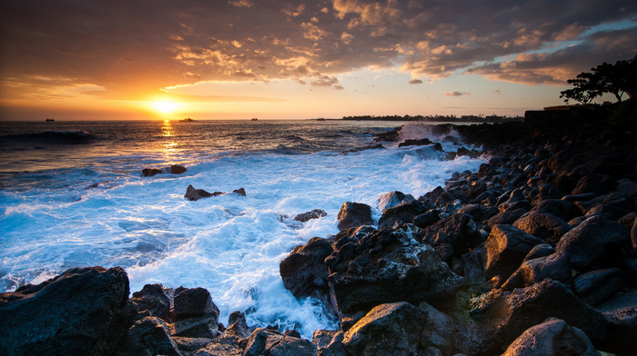 stones, nature, ocean, sunset