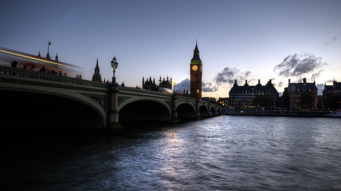 river, cities, London, bridge, houses, clocks