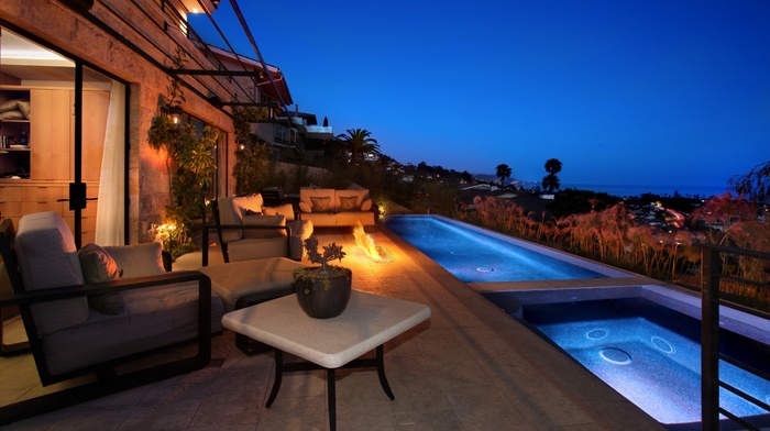 swimming pool, house, fire, couch
