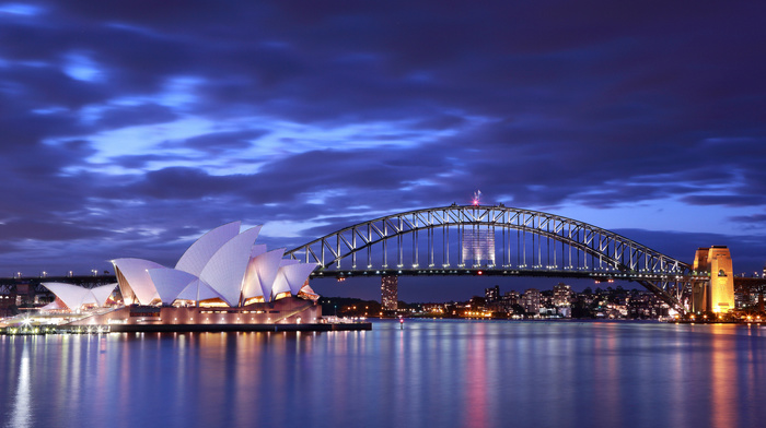 Australia, cities, lights, evening, bridge