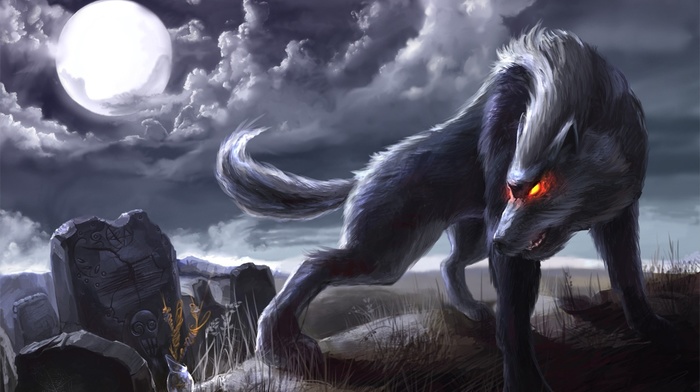 fantasy, moon, wolf, night