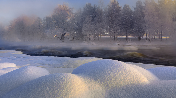 winter, trees, snow, nature, river